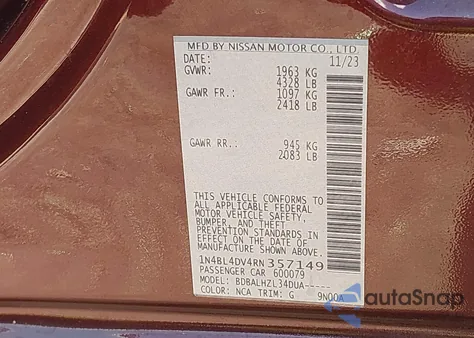 2024 Nissan Altima Sv Fwd from USA, damaged, VIN 1N4BL4DV4RN357149